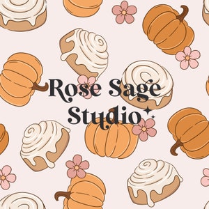 May include: A seamless pattern featuring cinnamon rolls with white icing and orange pumpkins with green stems. The text "Rose Sage Studio" is in the centre of the pattern.