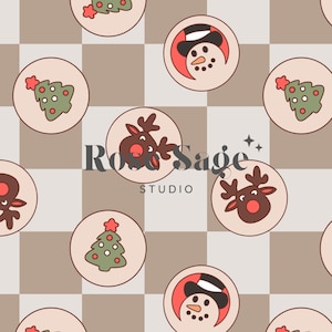 May include: A seamless pattern featuring a checkered background with various Christmas icons in circles. The icons include a snowman, a reindeer, and a Christmas tree. The text "Rose & Sage Studio" is centered on the pattern.
