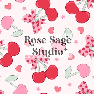 May include: A repeating pattern on a light pink background featuring red and pink cherries, light pink bows with red heart prints, and small pink hearts and stars. The text Rose Sage Studio is centered in the middle of the pattern.