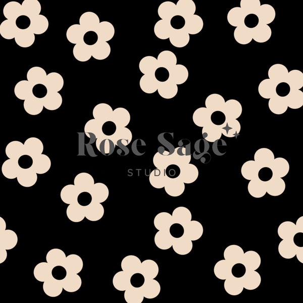 Beige Black Flower Seamless Digital Pattern, Boho Floral Seamless Pattern, Daisy Seamless Digital Pattern Design