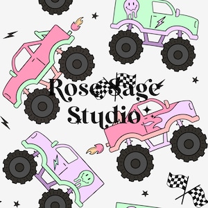 Monster Truck Nahtlose Datei, Mädchen Nahtlose Muster, LKW Smiley Nahtlos Oberflächenmuster, Monster Trucks Oberflächenmuster