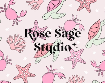 May include: A pink background with a repeating pattern of sea creatures, including crabs, starfish, sea turtles, and coral. The text "Rose Sage Studio" is in the center of the image.