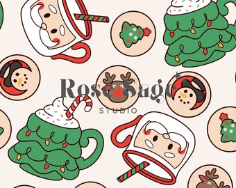 May include: A seamless pattern featuring a variety of Christmas-themed illustrations, including mugs with Santa and Christmas tree designs, reindeer, and cookies with snowman and Christmas tree designs. The pattern is set against a light beige background.
