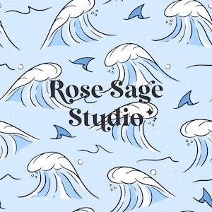 May include: A blue and white pattern of stylized waves with the text "Rose Sage Studio" in black.