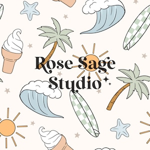 May include: A white background with a repeating pattern of summer-themed illustrations. The illustrations include palm trees, ice cream cones, waves, surfboards, stars, and suns. The text "Rose Sage Studio" is in the centre of the image.