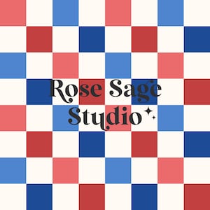 May include: A red, white, and blue checkered background with the text "Rose Sage Studio" in black.