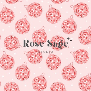 Puede incluir: Un patrón sin costuras rosa y blanco con un diseño repetido de bolas de discoteca. El texto "Rose Sage Studio" está centrado en el patrón.