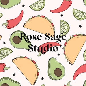 May include: A seamless pattern featuring illustrations of tacos, avocados, limes, and red chili peppers. The text "Rose Sage Studio" is centered on the pattern.
