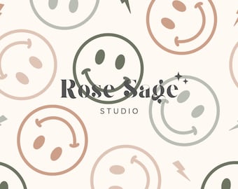 Neutral Smile Face Seamless Pattern, Smiley Face Lightning Bolt Seamless File, Boy Girl Lightning Bolt Happy Face Digital Pattern