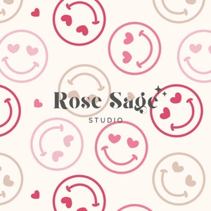 May include: A seamless pattern featuring pink and brown smiley faces with hearts. The text "Rose Sage Studio" is in the centre of the pattern.