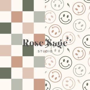 Lot de motifs sans couture visage sourire neutre, fichier sans couture damier visage souriant bohème, motif numérique damier neutre