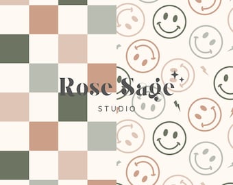 Neutral Smile Face Seamless Pattern Bundle, Boho Smiley Face Checkerboard Seamless File, Neutral Checkered Digital Pattern
