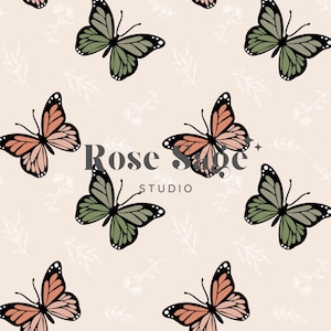 Boho Monarchfalter Wildblumen Muster, Schmetterling Wildblumen Blätter Nahtlose Musterdatei, Rosa Salbei Grün Floral Beige Nahtlos