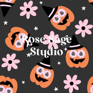 Groovy Pumpkins Seamless File, Girl Halloween Floral Seamless Pattern, Jack o Lanterns Seamless File