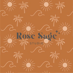 May include: A brown background with a repeating pattern of white suns, palm trees, and waves. The text "Rose Sage Studio" is in the centre of the image.