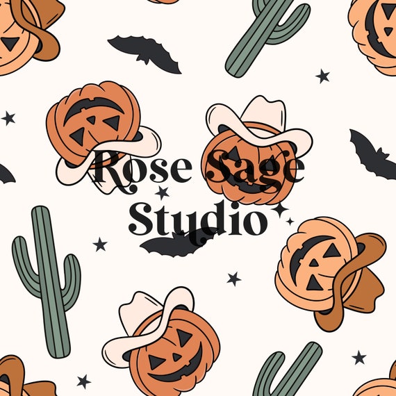 Halloween Western Pumpkins Seamless Pattern, Cowboy Halloween Jack o Lantern Seamless File, Neutral Boy Girl Halloween Seamless File