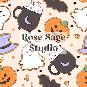 May include: A repeating pattern featuring Halloween-themed illustrations. The design includes smiling jack-o'-lanterns, ghosts, witch hats, bats, and mugs of hot chocolate. The text "Rose Sage Studio" is also present. The color palette includes orange, black, white, and purple.