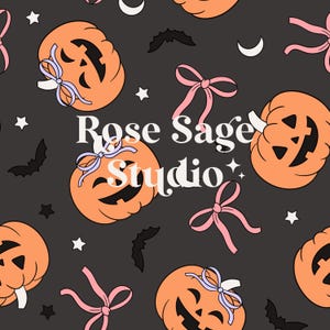 Jack o Lanterns and  Bows Seamless File, Girl Halloween Seamless Pattern, Pumpkins Bows Seamless Print, Commerical Business Use