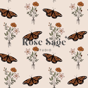 Modèle sans couture de fleurs sauvages de papillon monarque bohème, fichier de modèle sans couture de bouquet de fleurs sauvages de papillon, fichier de modèle sans couture de beige floral de cru