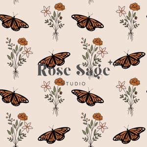 Boho Monarch Butterfly Wildflower Seamless Pattern, Butterfly Wildflowers Bouquet Seamless Pattern File, Vintage Floral Beige Seamless