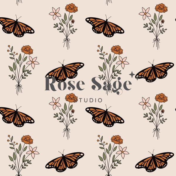 Boho Monarch Butterfly Wildflower Seamless Pattern, Butterfly Wildflowers Bouquet Seamless Pattern File, Vintage Floral Beige Seamless