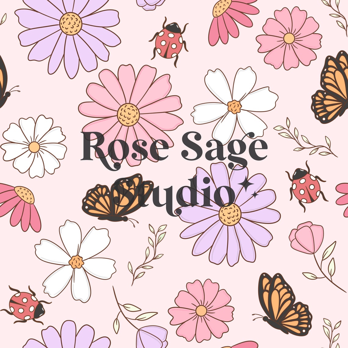 Spring Floral Seamless Pattern, Butterfly Lady Bug Seamless Pattern ...
