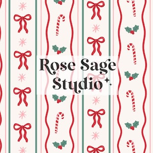 May include: A repeating pattern featuring red bows, candy canes, green holly leaves with red berries, and pink starbursts on a cream background with vertical stripes. The text Rose Sage Studio is centred in black serif font over the pattern.