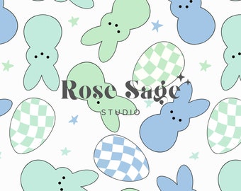 Easter Bunny Candy Seamless File, Easter Pastel Bunnies Seamless Pattern, Boy Easter Spring Checkered Eggs Seamless Pattern