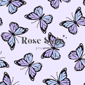May include: A repeating pattern of butterflies in shades of light blue, purple, and black on a pale lavender background. The butterflies are stylized with detailed wing patterns. The text "Rose Sage Studio" is centered.