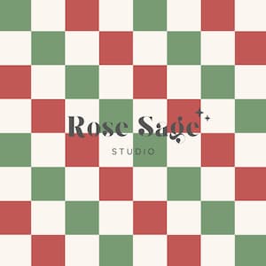 May include: A white and cream checkered background with a red and green checkered pattern. The text "Rose Sage+ STUDIO" is centered on the image.