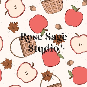 May include: A seamless pattern featuring red apples, brown baskets, and fall leaves on a white background. The text "Rose Sage Studio" is in the center of the pattern.
