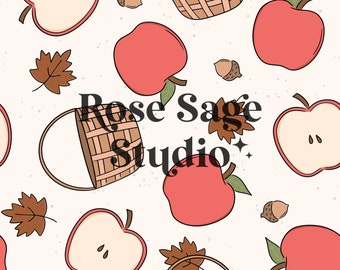 May include: A seamless pattern featuring red apples, brown baskets, and fall leaves on a white background. The text "Rose Sage Studio" is in the center of the pattern.