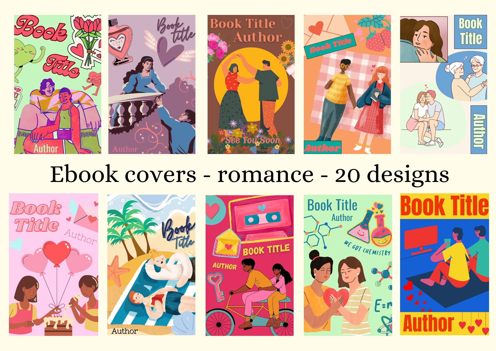 20 Ebook Romance Cover Designs, Digital Canva Template