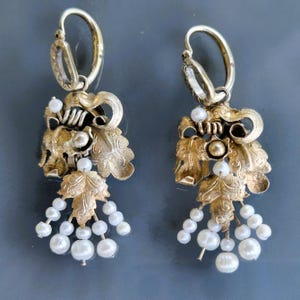 Victorian Jewelry Revival Pearls Earrings, Antique Pearl Jewelry, Gilded Silver with Pearls Earrings, Renaissance Women Wedding Jewelry