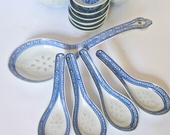 Vintage Porcelain Rice Grain Bowls Spoons, Chinese Dragon