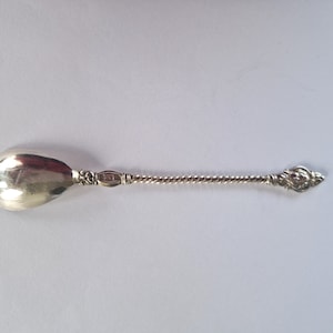 May include: A silver spoon with a twisted handle and an ornate design at the end. The spoon has a rounded, oval-shaped bowl.