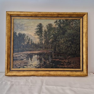 Antique moody creek oil painting, Dark academia decor, Original oil painting on canvas, Landscape vintage painting, Large framed painting