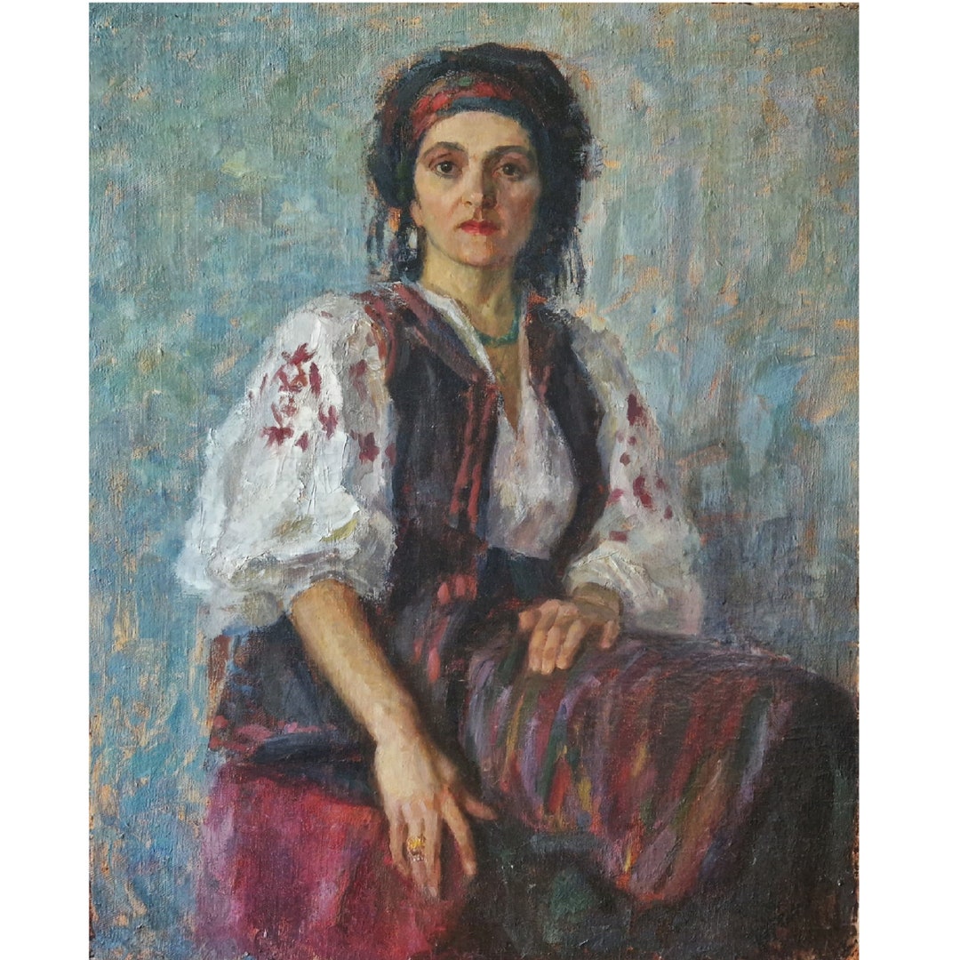 Vintage Rustic Woman Portrait, Expressionist Original Oil Painting on ...