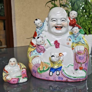 Vintage Famille Rose Porcelain Laughing Buddha Statue with Children
