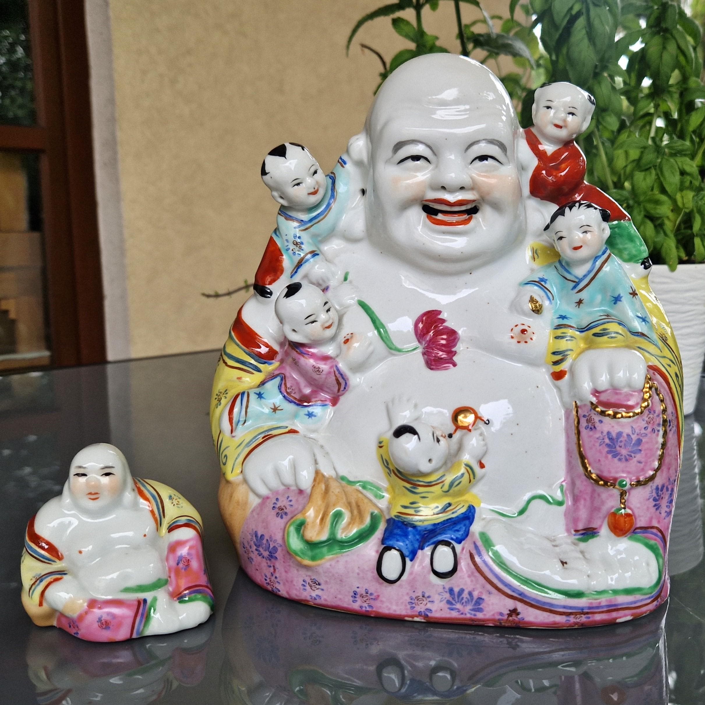 Vintage Famille Rose Porcelain Laughing Buddha Statue With