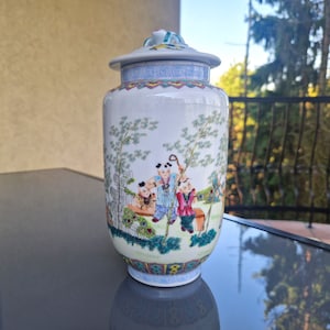 Chinese Antique Porcelain Famille Rose Vase with a Playing Boys, Jingdezhen Chinoiserie Jar, Linzhicheng Mark, Mid Centery, Made in China 9&quot;