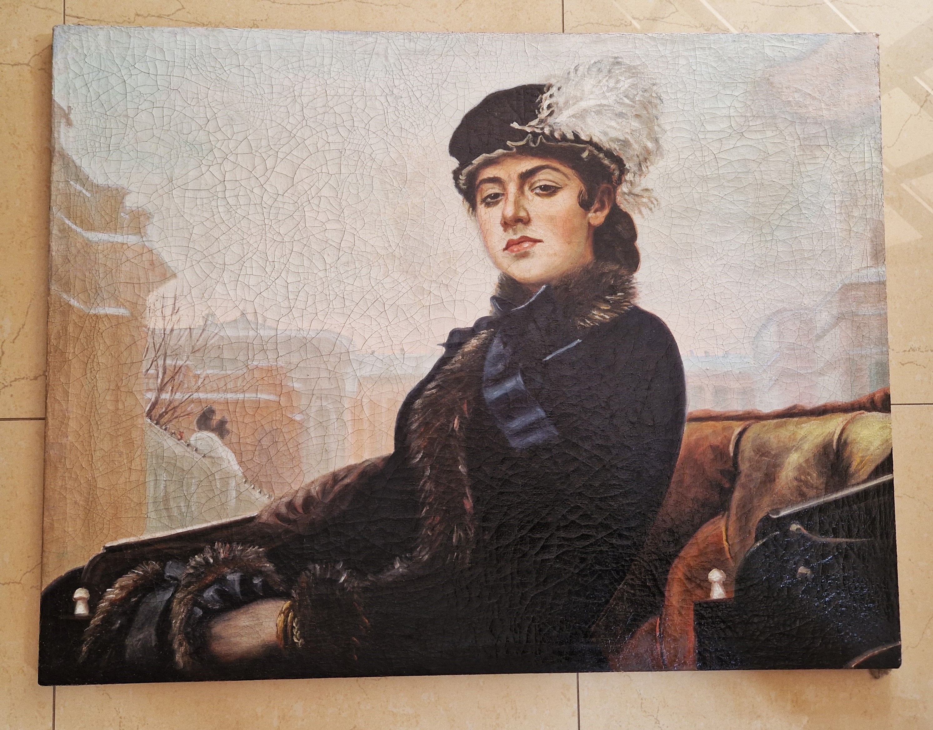 Vintage Oil Portrait of Elegant Woman in Carriage, Large 1970s Canvas ...