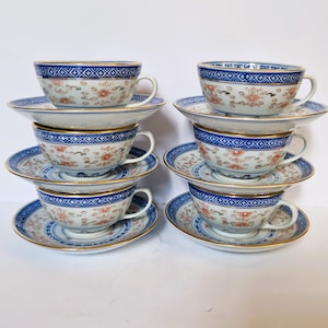Vintage Chinese Rice Grain Cups Saucers Set for 6 person, Floral Flower Peony Tea Set, Chinese porcelain Cup Chinoiserie, Gold Rim