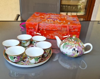 Vintage Rose Medallion Tea Set: Hand-Painted Canton Chinese Porcelain, Chinoiserie Decor