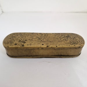 Antique Dutch Tobacco Box, Marme Dutch Brass Copper Antique, Tobacco Gift, Snuff Box, Tobacciana Antique Snuff Box, Kasten Engraved Scene