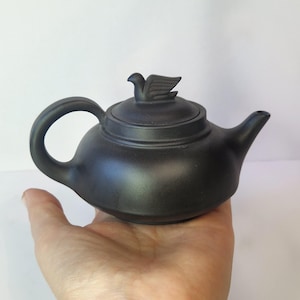 May include: A small black teapot with a bird-shaped lid. The teapot is sitting on a person's hand.