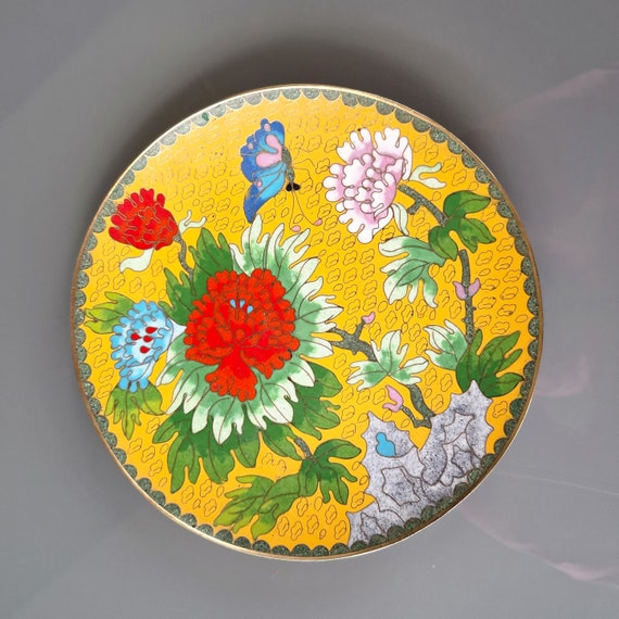 Vintage Chinese Cloisonne Enamel Plate, Yellow Floral Chinoiserie Decor, 1970s Copper Plate, 7.9 Inch Asian Wall Decor