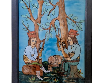 POLISH FOLK ART Painting on Glass 1978 Zakopane Krakow Tatry, Artist P.Karasek, Mid Century Original Oil Painting, Rustic Framed Handmade