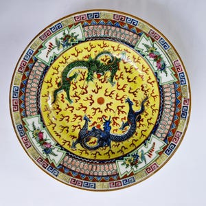 Vintage Chinese Porcelain Dragon Plate - Yellow Chinoiserie Decor