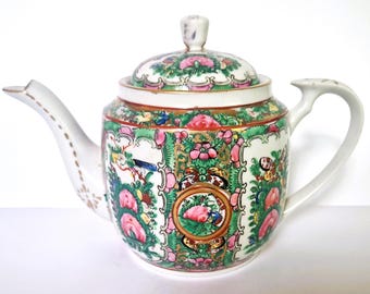 Vintage Rose Medallion Teapot: Famille Rose Canton Porcelain, Chinoiserie Decor Gold Pink and Green